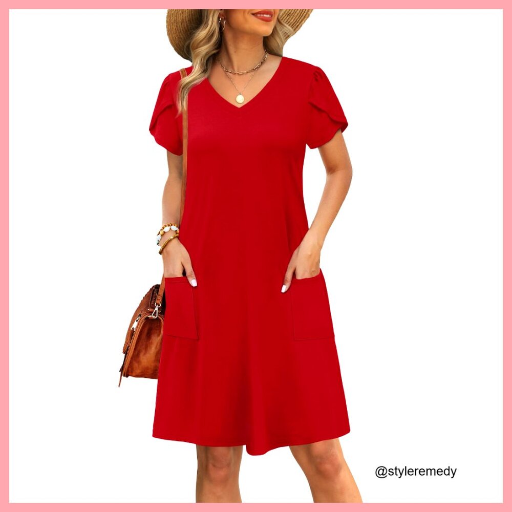 Loose Fit Summer Sundress with Pockets V-Neck Short Sleeve Casual